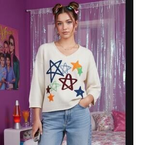 POL star Large cream knit women sweater retro 90s kidcore artsy bold